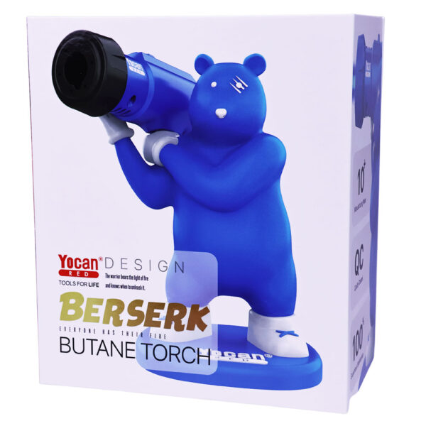 Yocan Design Berserk Blue Bear Butane Torch in its original white packaging box, featuring a blue bear holding a blue and black torch.