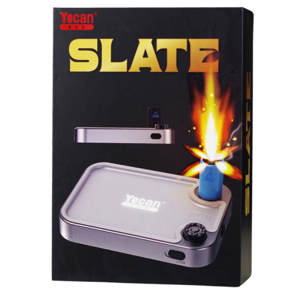 Yocan LED Slate portable candle warmer and torch lighter in its retail packaging. The black box features a large gold 'SLATE' logo and displays an illustration of the silver device with a blue candle and a bright flame.