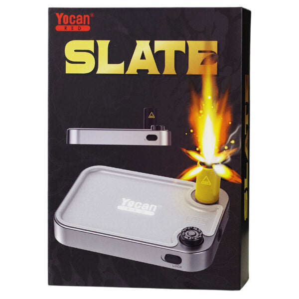 Yocan Slate 7 portable lighter in its retail packaging, featuring a black box with gold lettering and an illustration of the silver lighter with a yellow flame.