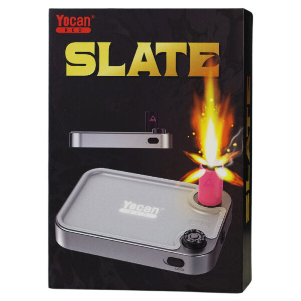 Yocan Slate electric lighter in its retail packaging, featuring a black box with gold 'SLATE' lettering and an illustration of the silver lighter with a pink flame.