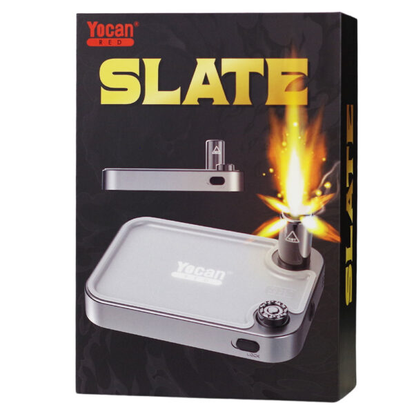 Yocan Slate portable flame torch lighter in its retail packaging, featuring a black box with yellow 'SLATE' text and an illustration of the silver lighter with an active flame.