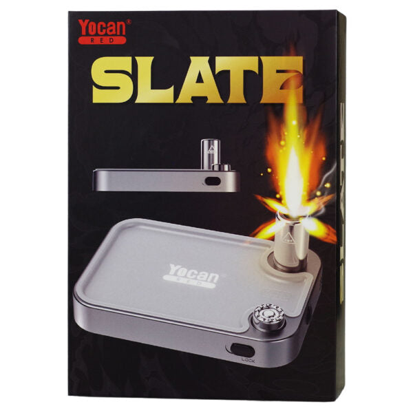Yocan Slate portable lighter in its retail packaging, featuring a silver metallic lighter with a visible flame graphic on a black box.