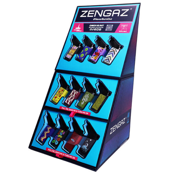 Zengaz PowerBurnOut display stand showcasing various lighters in black , set against a plain white background.
