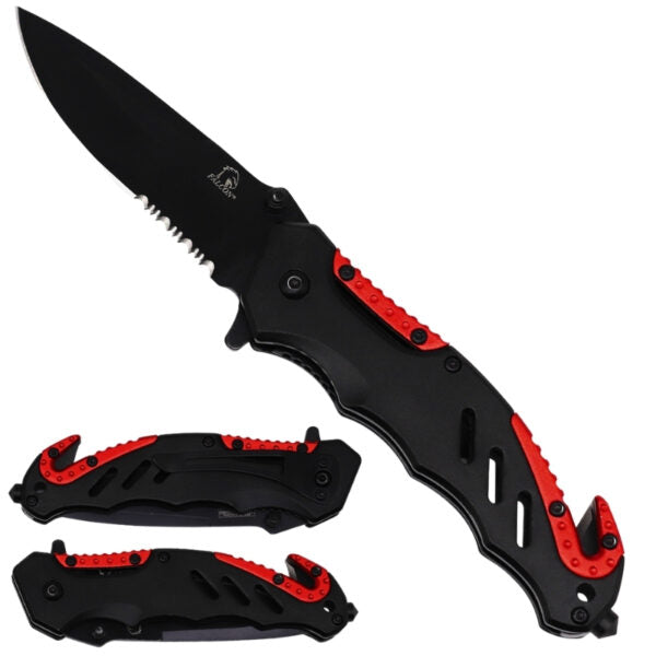 folding pocket knives with black blades and handles, one in all black and the other with a red textured accent on the handle, displayed on a solid white background.