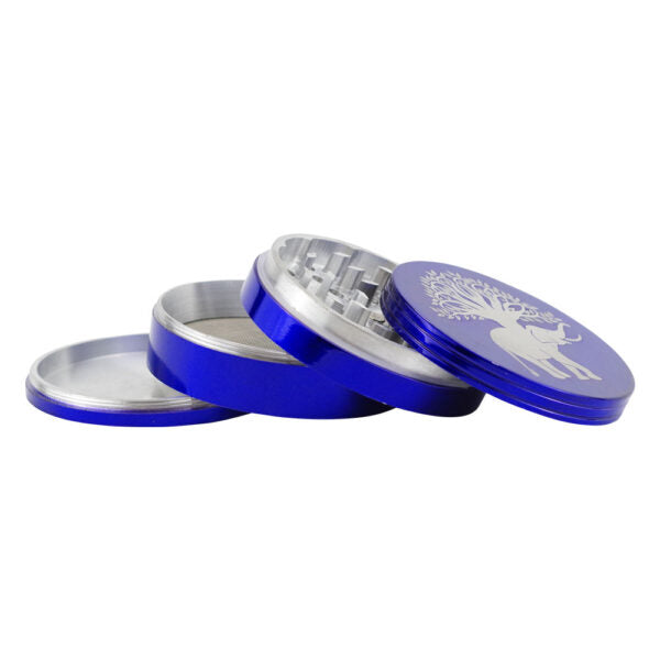 A blue and silver metal herb grinder with a white stag design on the lid, shown open on a white background.