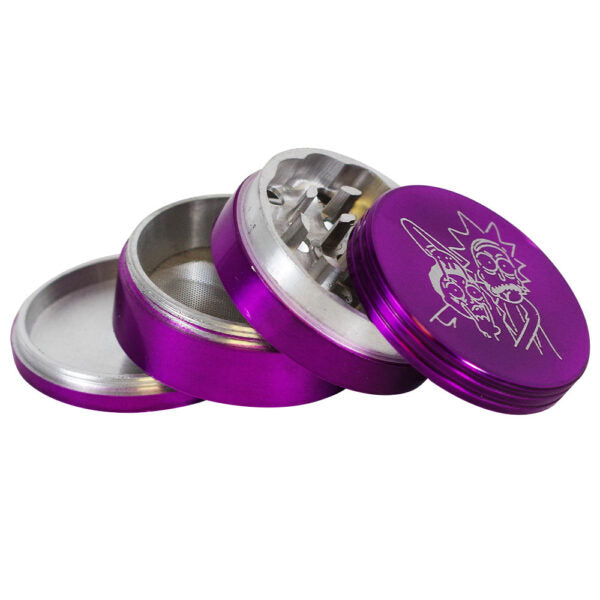 A four-piece herb grinder with a metallic purple anodized finish and silver stainless steel interior, shown open on a white background. The top lid features a white line art graphic of two cartoon characters.