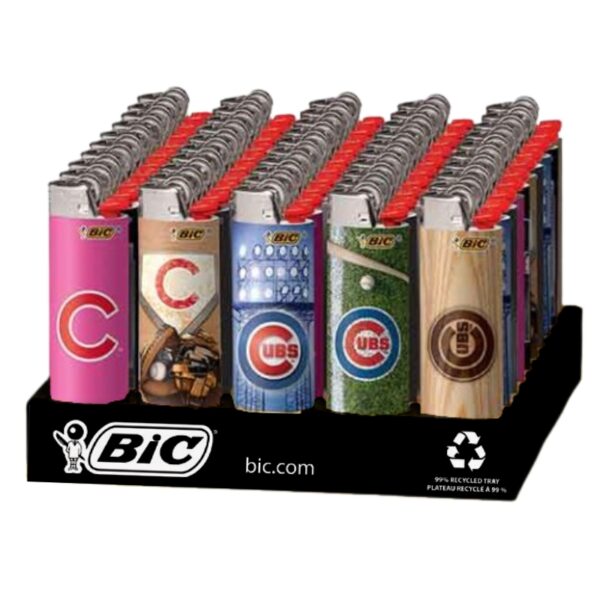 A retail display of BIC lighters featuring Chicago Cubs team designs, including pink, brown, blue, green, and wood-grain finishes, arranged on a black branded stand.
