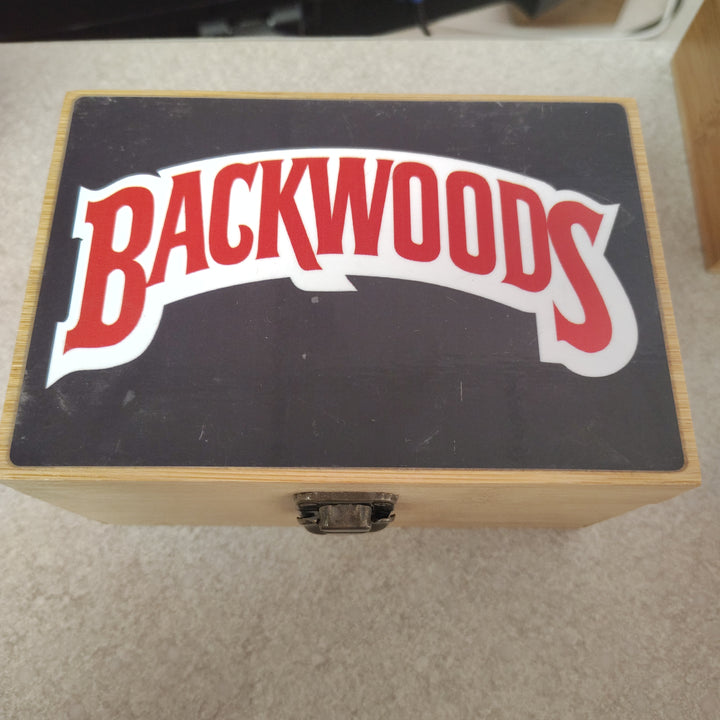 Wooden Storage box with Grinder, Glass jar, joint holder, and tags.