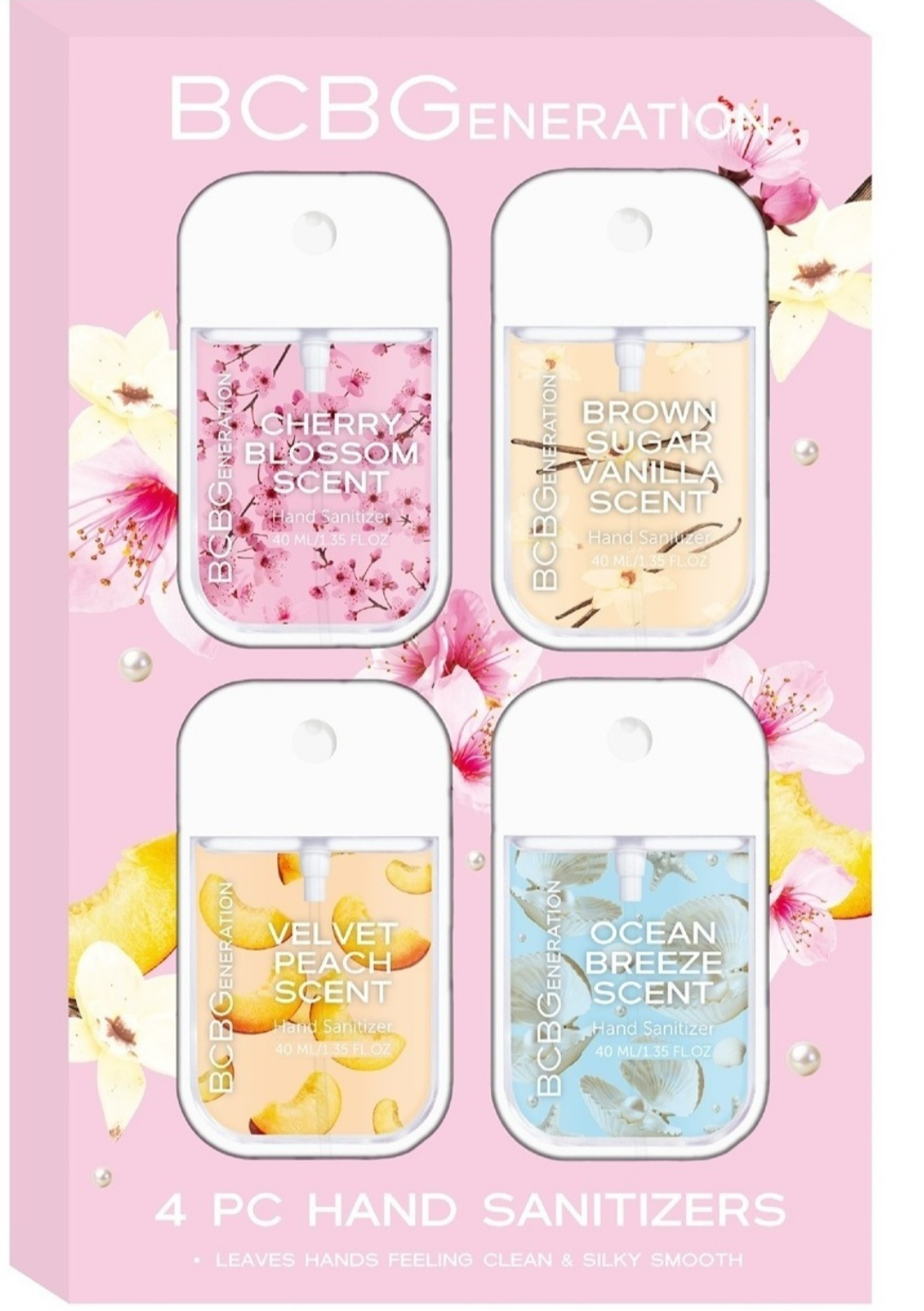BCBGENERATION 4 PC HAND SANITIZERS - CHERRY BLOSSOM, BROWN SUGAR VANILLA, VELVET PEACH AND OCEAN BREEZE SCENT- ethyl alcohol kit