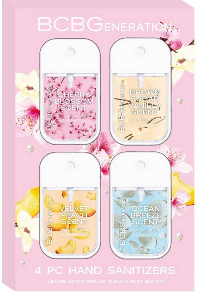 BCBGENERATION 4 PC HAND SANITIZERS - CHERRY BLOSSOM, BROWN SUGAR VANILLA, VELVET PEACH AND OCEAN BREEZE SCENT- ethyl alcohol kit