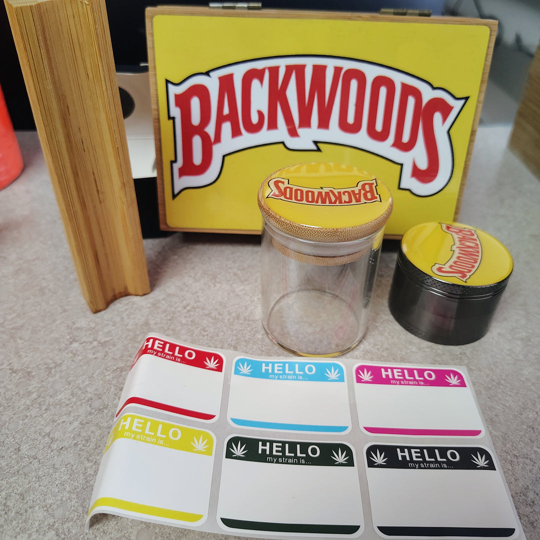 Wooden Storage box with Grinder, Glass jar, joint holder, and tags.