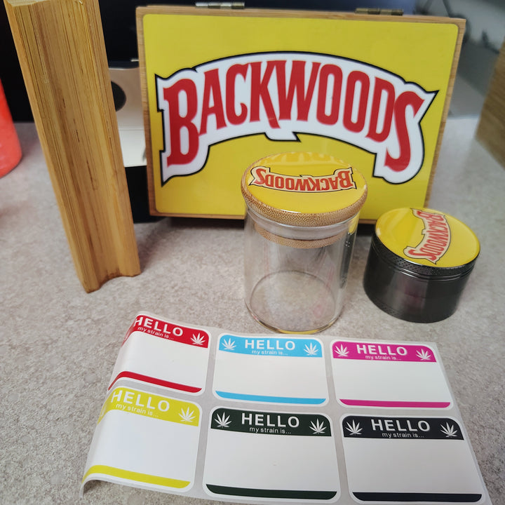 Wooden Storage box with Grinder, Glass jar, joint holder, and tags.