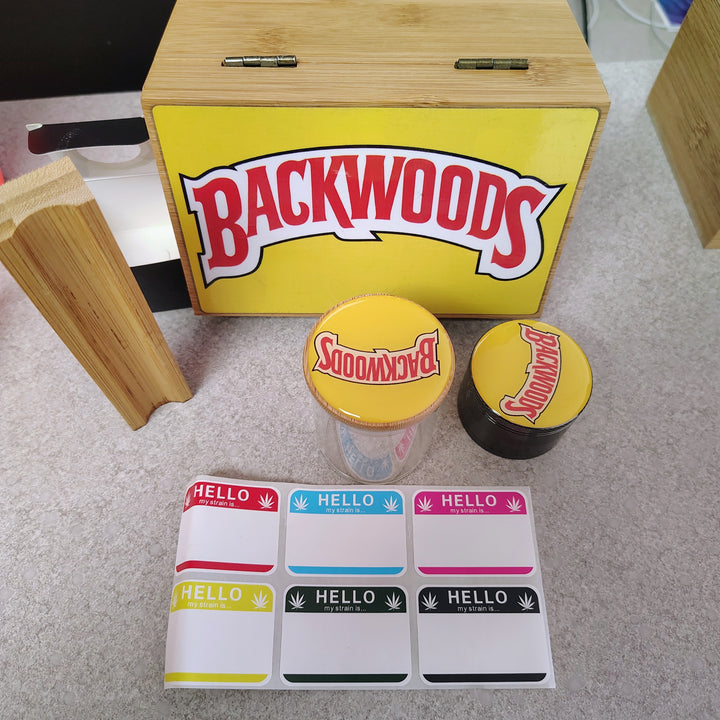 Wooden Storage box with Grinder, Glass jar, joint holder, and tags.