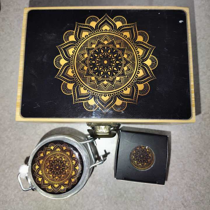 Wooden Storage box with Grinder, Glass jar, joint holder, and tags.