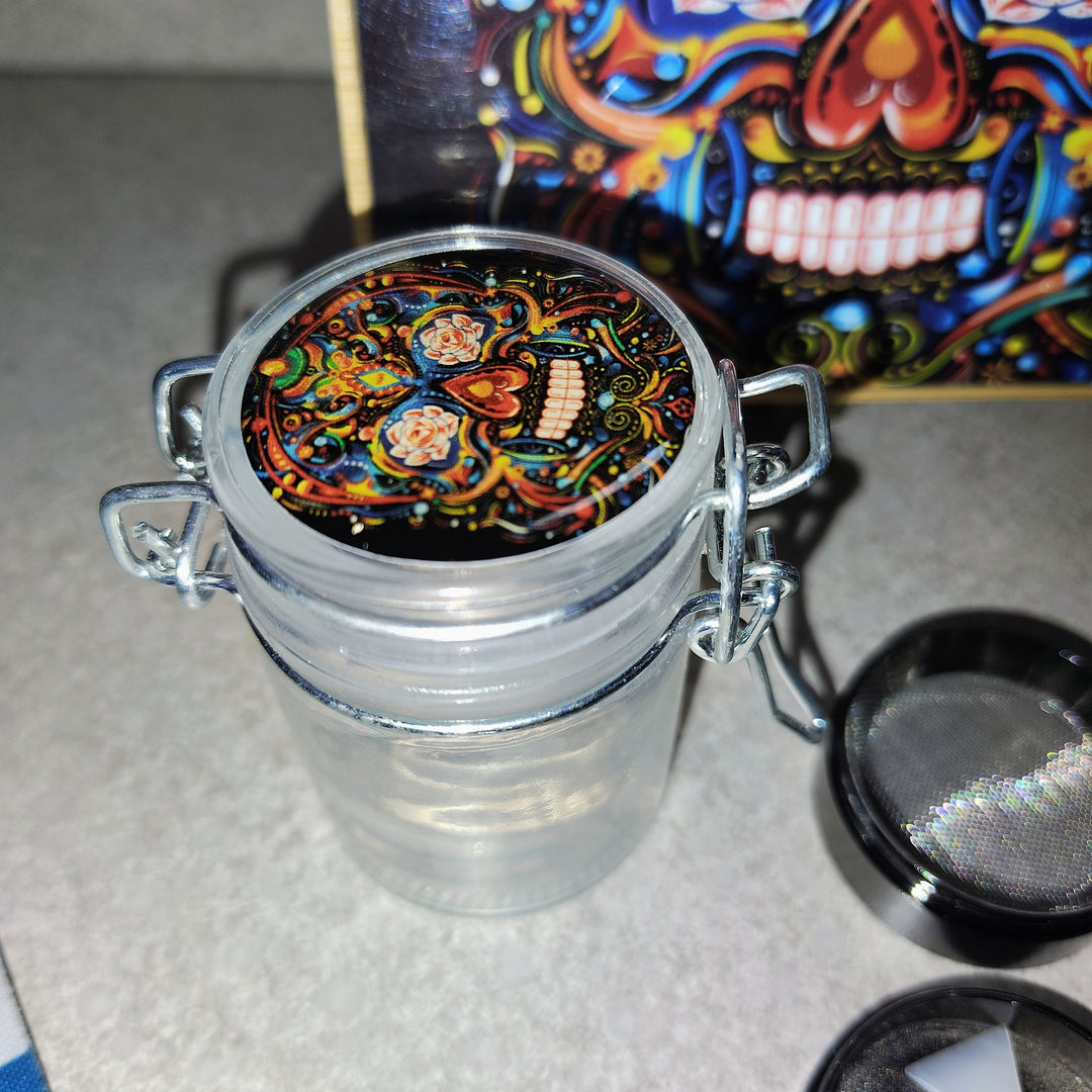 Wooden Storage box with Grinder, Glass jar, joint holder, and tags.