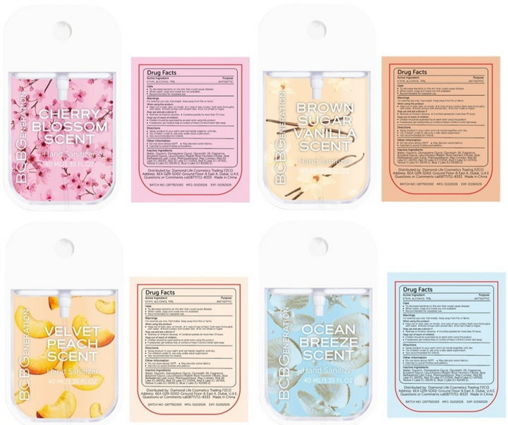 BCBGENERATION 4 PC HAND SANITIZERS - CHERRY BLOSSOM, BROWN SUGAR VANILLA, VELVET PEACH AND OCEAN BREEZE SCENT- ethyl alcohol kit
