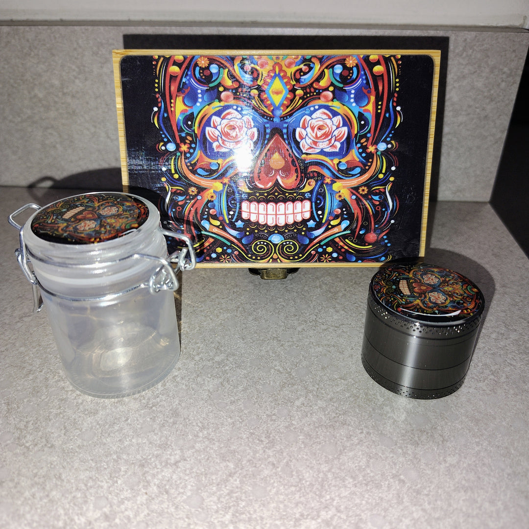 Wooden Storage box with Grinder, Glass jar, joint holder, and tags.