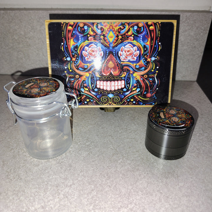 Wooden Storage box with Grinder, Glass jar, joint holder, and tags.