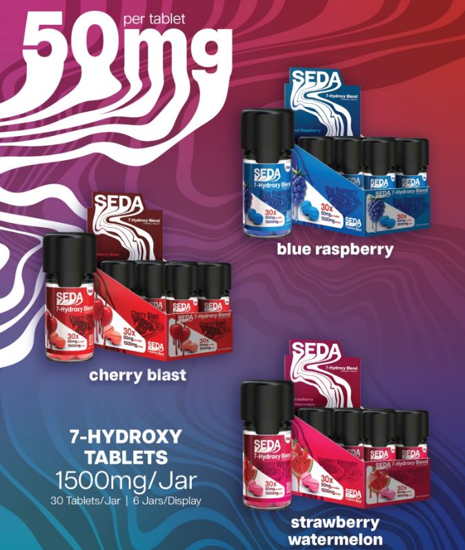 SEDA 7-Hydroxy Blend Chewable Tablets full box | 6 jars | 30ct Jar (50mg Per tablet)