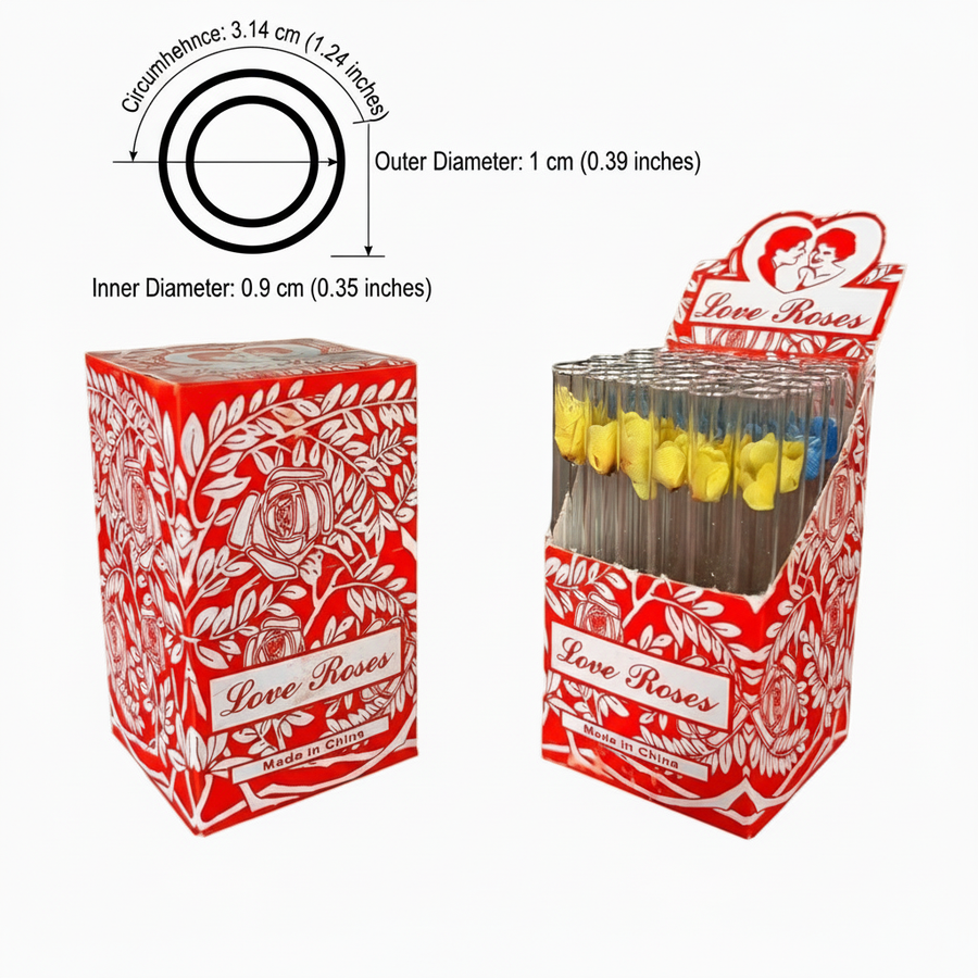 Technical diagram with updated measurements showing outer diameter 1 cm (0.39 inches), inner diameter 0.9 cm (0.35 inches), combined with Love Roses product image